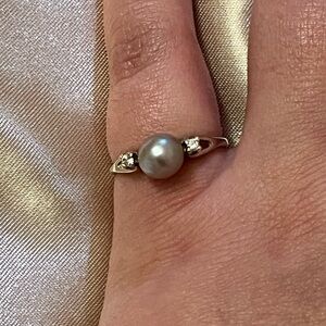 Blue-Grey Pearl Ring with CZ Accents, Sterling Silver, Size 7